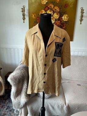 Womens Beige Alfred Dunner Vintage Safari Short Sleeve Button Shirt Size Medium
